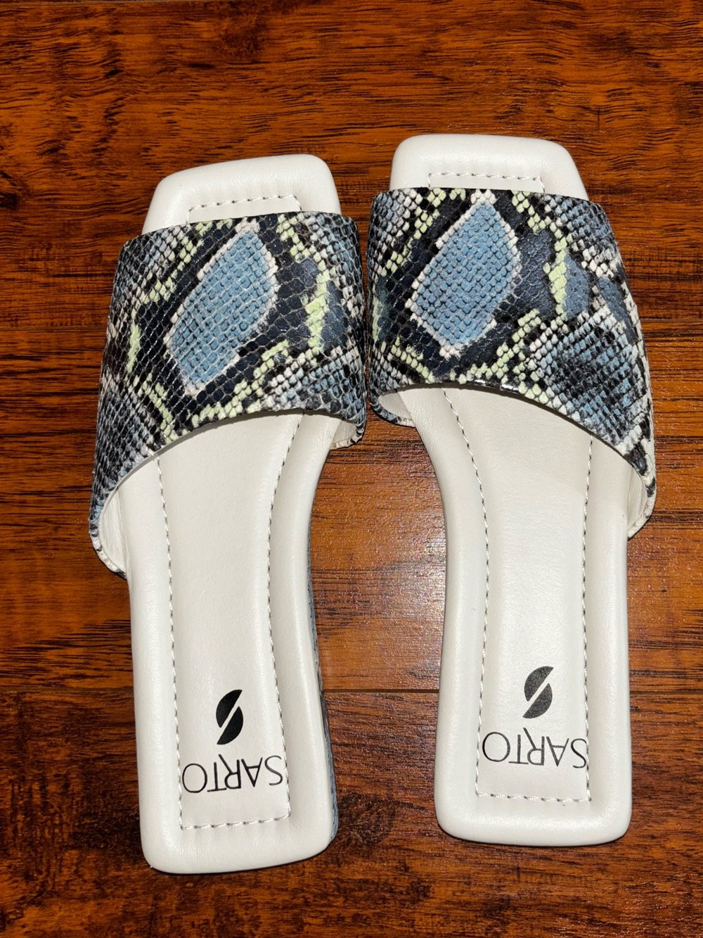 SARTO by Franco Sarto NEW Bordo Slide Sandals Blue White Snakeskin Slip-On Flats